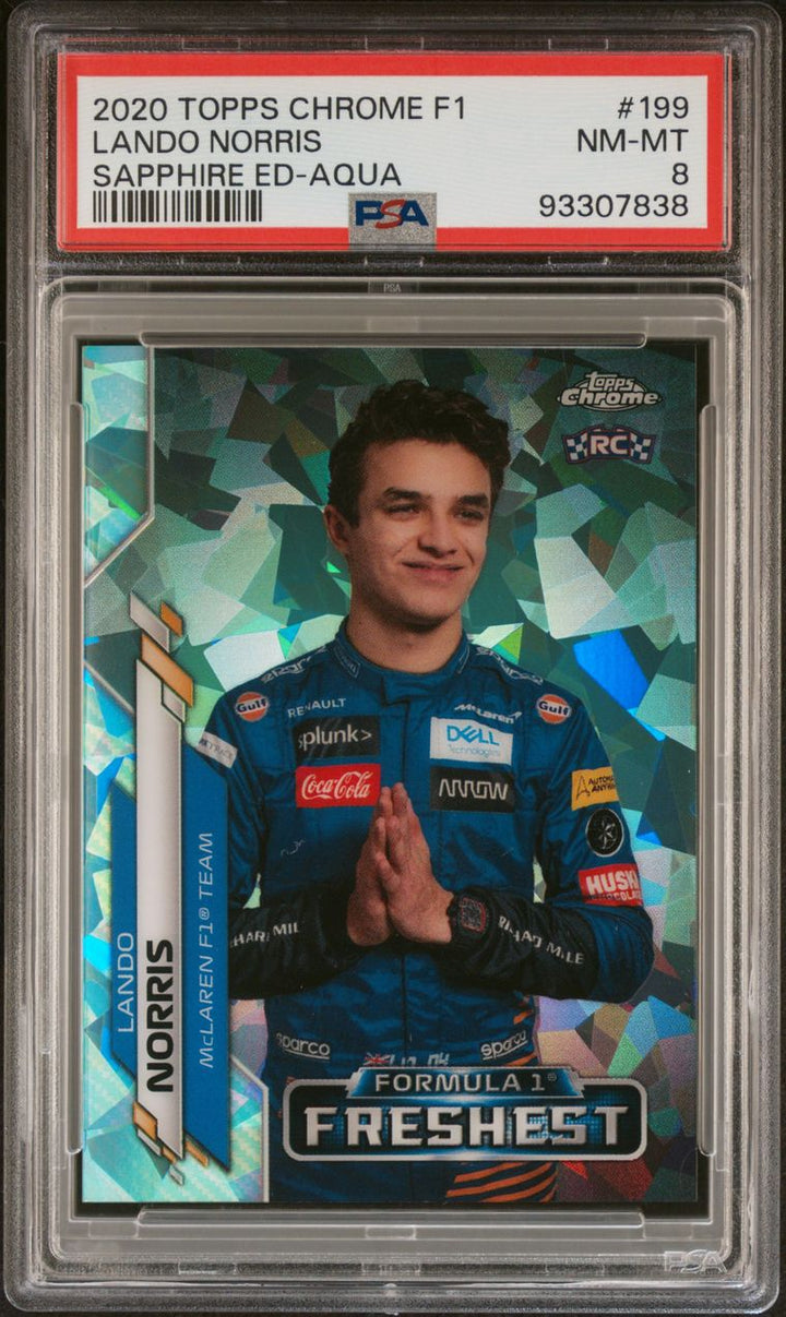 PSA 8 - 64/99 Lando Norris #199 - Sapphire Edition Aqua - Rookie Card