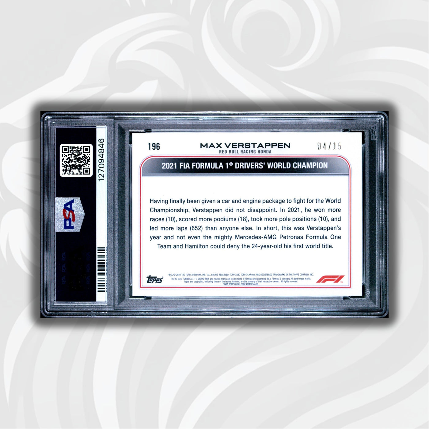 10/15 - Max Verstappen #196 - Sapphire Edition - Black & White - 2022 Topps Chrome