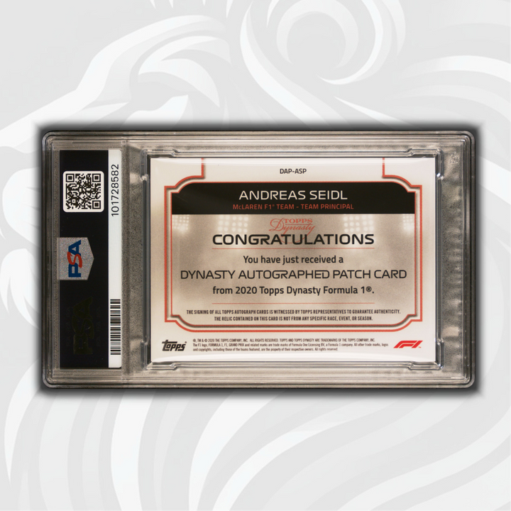 PSA 10 - Andreas Seidl Autographed Patch - 03/10 - 2020 Topps Dynasty F1 - Back