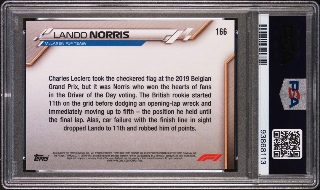 PSA 10 - RC - Lando Norris #166 - 2020 Topps Chrome F1 - Rookie Card