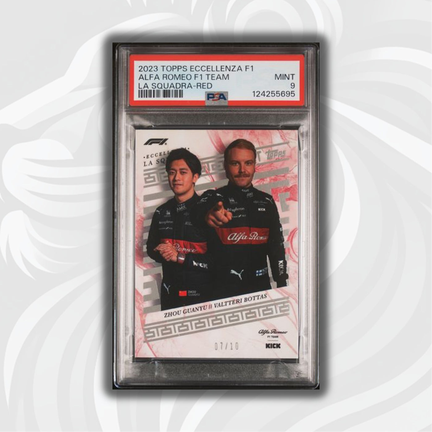 PSA 9 - 07/10 Alfa Romeo F1 Team - Guanyu/Bottas - La Squadra - 2023 Topps Eccellenza F1 - Red