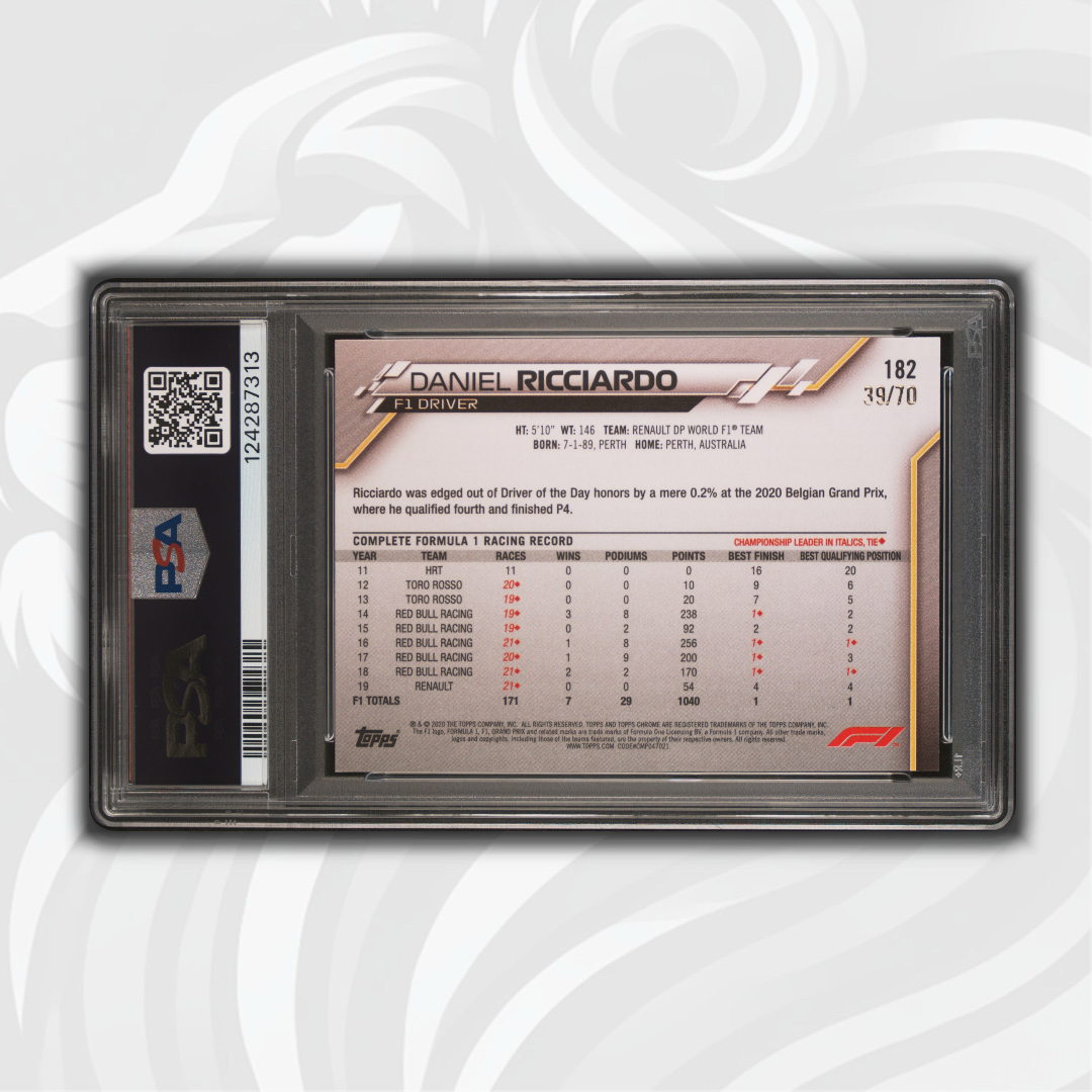 PSA 10 - 39/70 Daniel Ricciardo #182 - Sapphire Edition - 2020 Topps Chrome F1 - 70th Anniversary