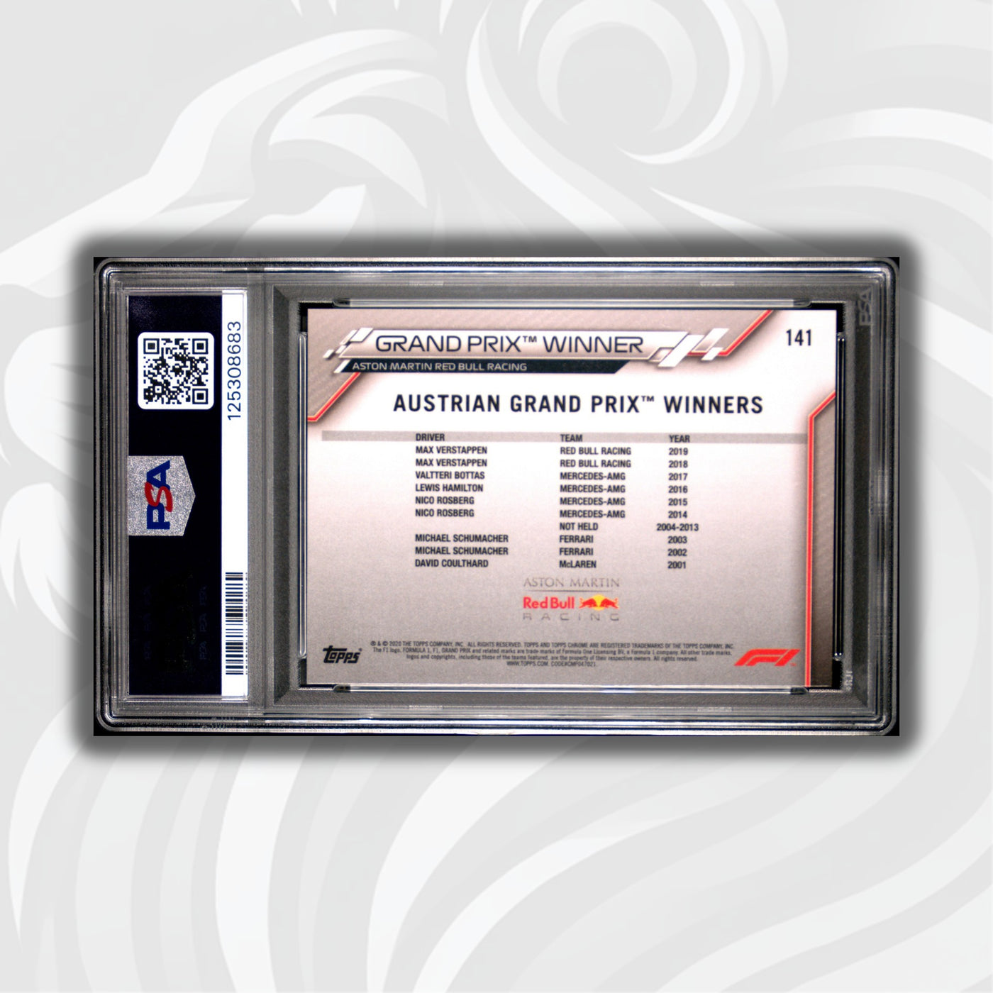 PSA 10 - Max Verstappen #141 - 2020 Topps Chrome F1 Sapphire Edition - Grand Prix Winner Austrian