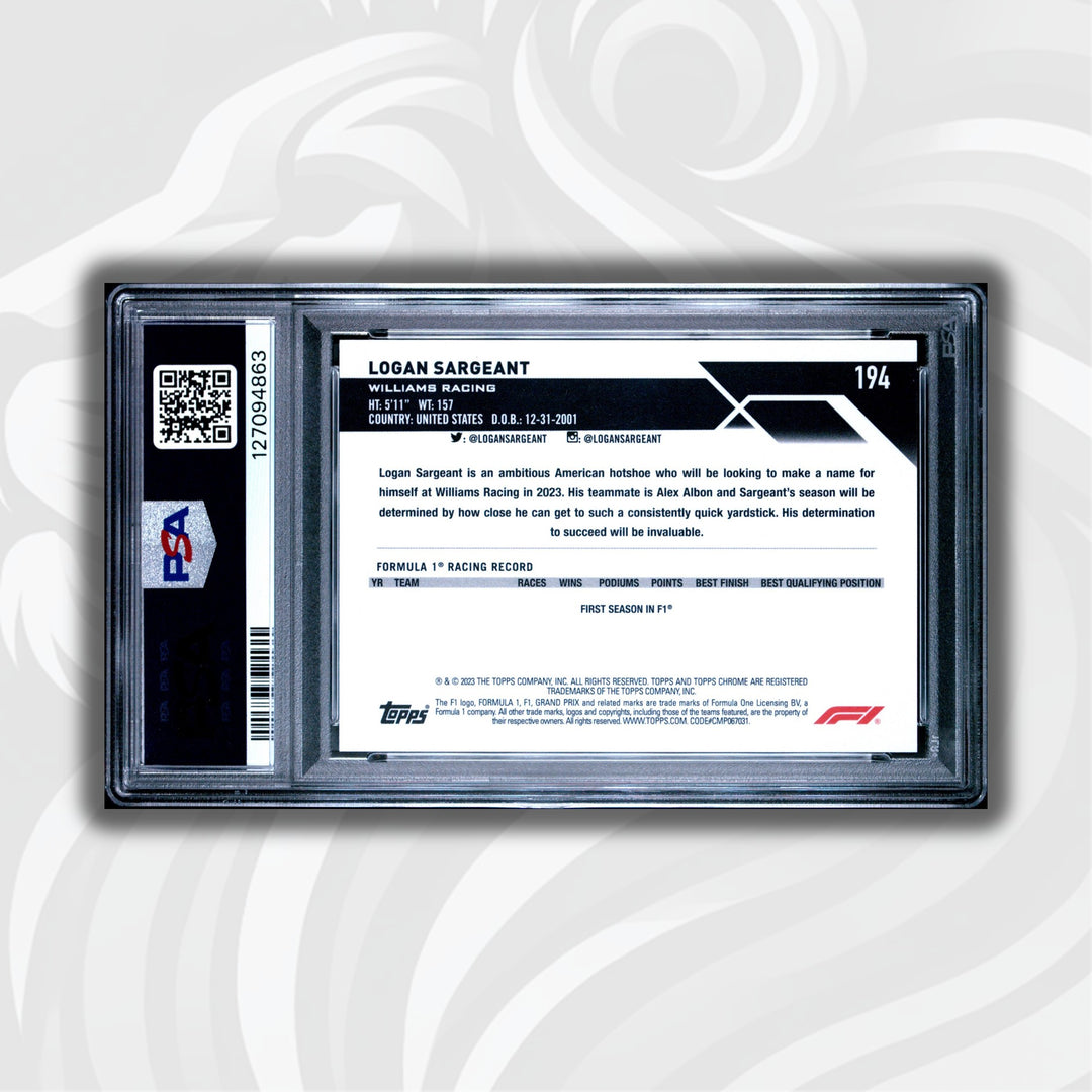 PSA 10 - 03/10 Purple - Logan Sargeant #194 - 2023 Topps Chrome Sapphire