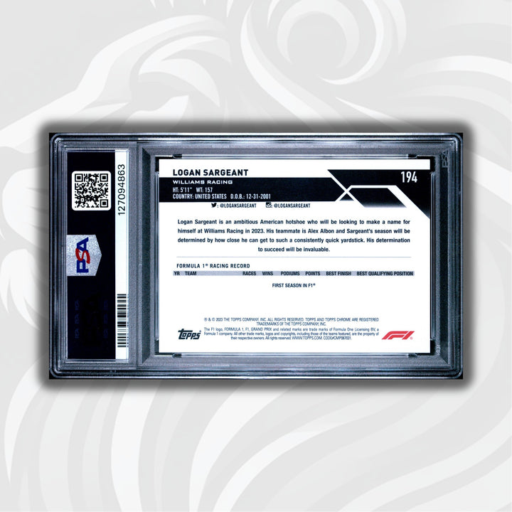 PSA 10 - 03/10 Purple - Logan Sargeant #194 - 2023 Topps Chrome Sapphire