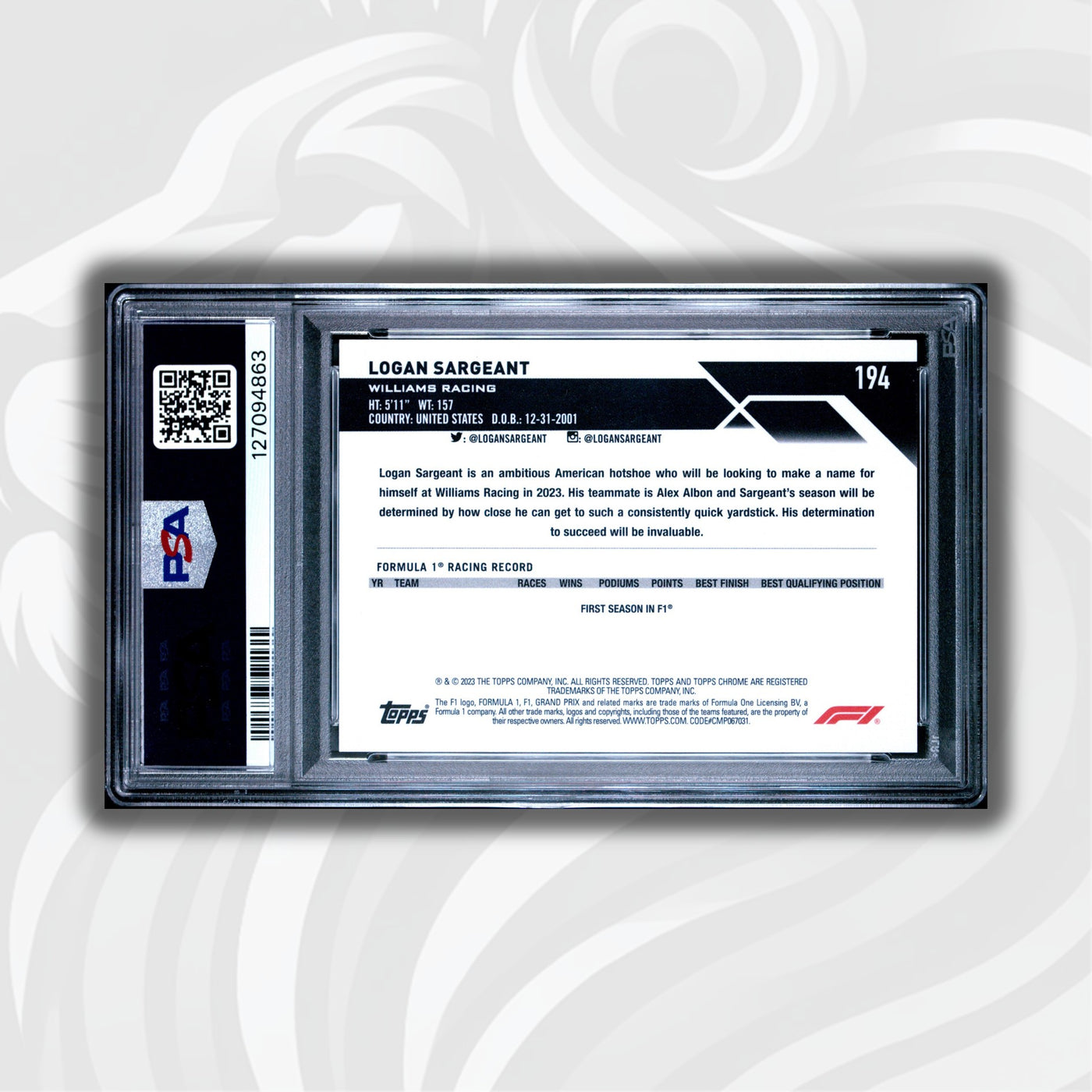 PSA 10 - 03/10 Purple - Logan Sargeant #194 - 2023 Topps Chrome Sapphire