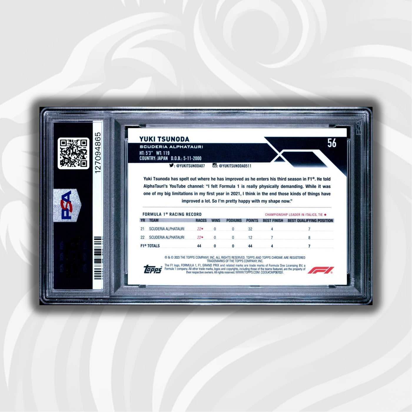 PSA 10 - 3/10 Purple - Yuki Tsunoda #56 - 2023 Topps Chrome Sapphire
