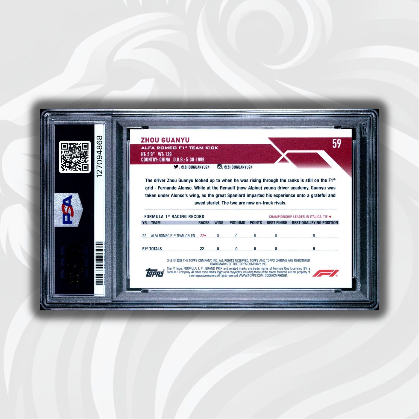 PSA 10 - 8/10 Purple - Zhou Guanyu #59 - 2023 Topps Chrome Sapphire