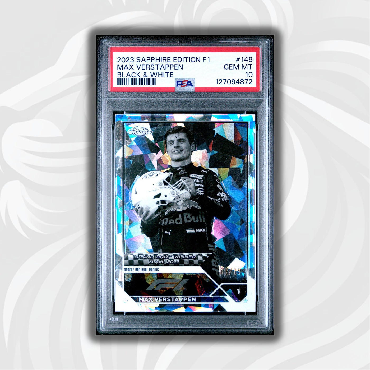 PSA 10 - 09/15 Black & White - Max Verstappen #148 - 2023 Topps Chrome Sapphire