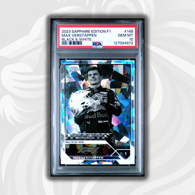 PSA 10 - 09/15 Black & White - Max Verstappen #148 - 2023 Topps Chrome Sapphire
