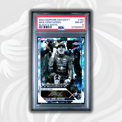 PSA 8 - 06/15 Black & White - Max Verstappen #163 - 2023 Topps Chrome Sapphire