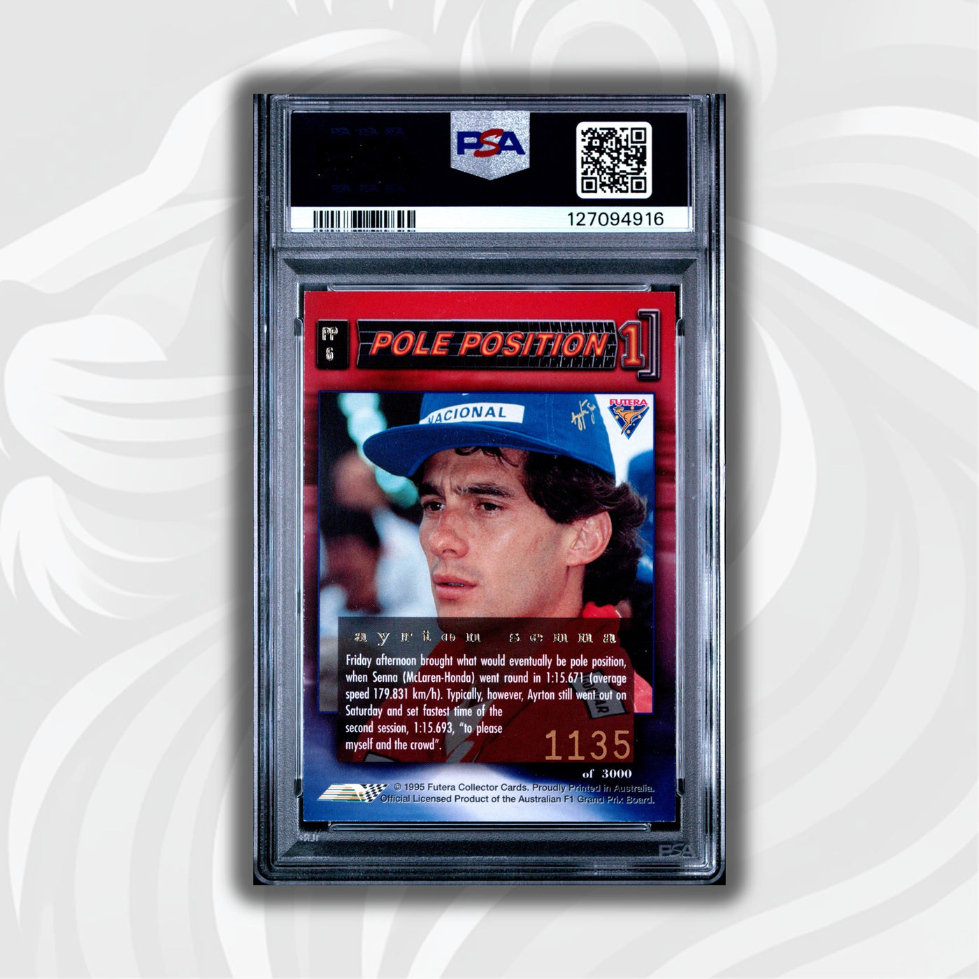 PSA 7 - 1135/3000 - Ayrton Senna #PP6 - Pole Position - 1995 Futera - LOTUS