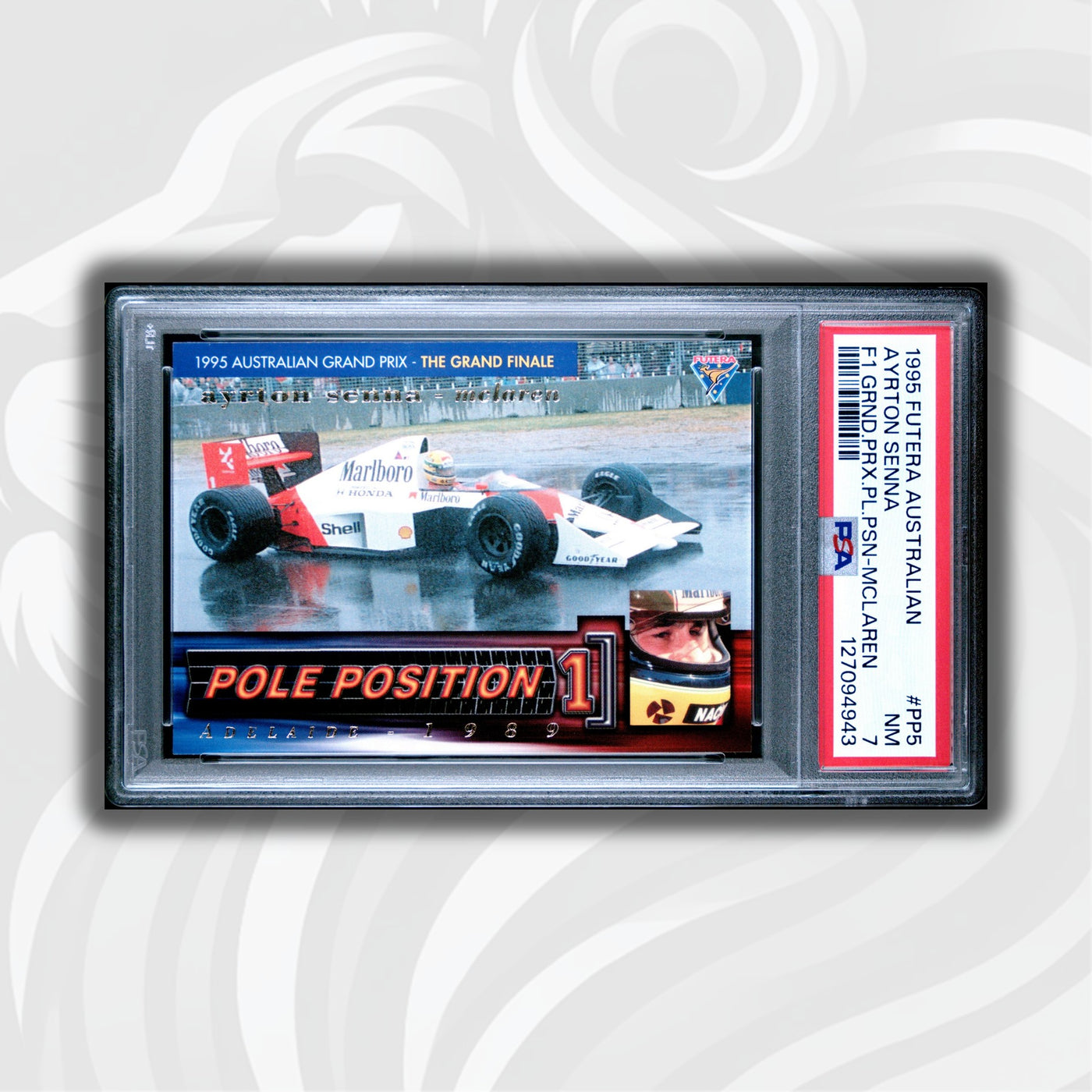 PSA 7 - 1488/3000 - Ayrton Senna #PP5 - Pole Position - 1995 Futera - MCLAREN REPRINT