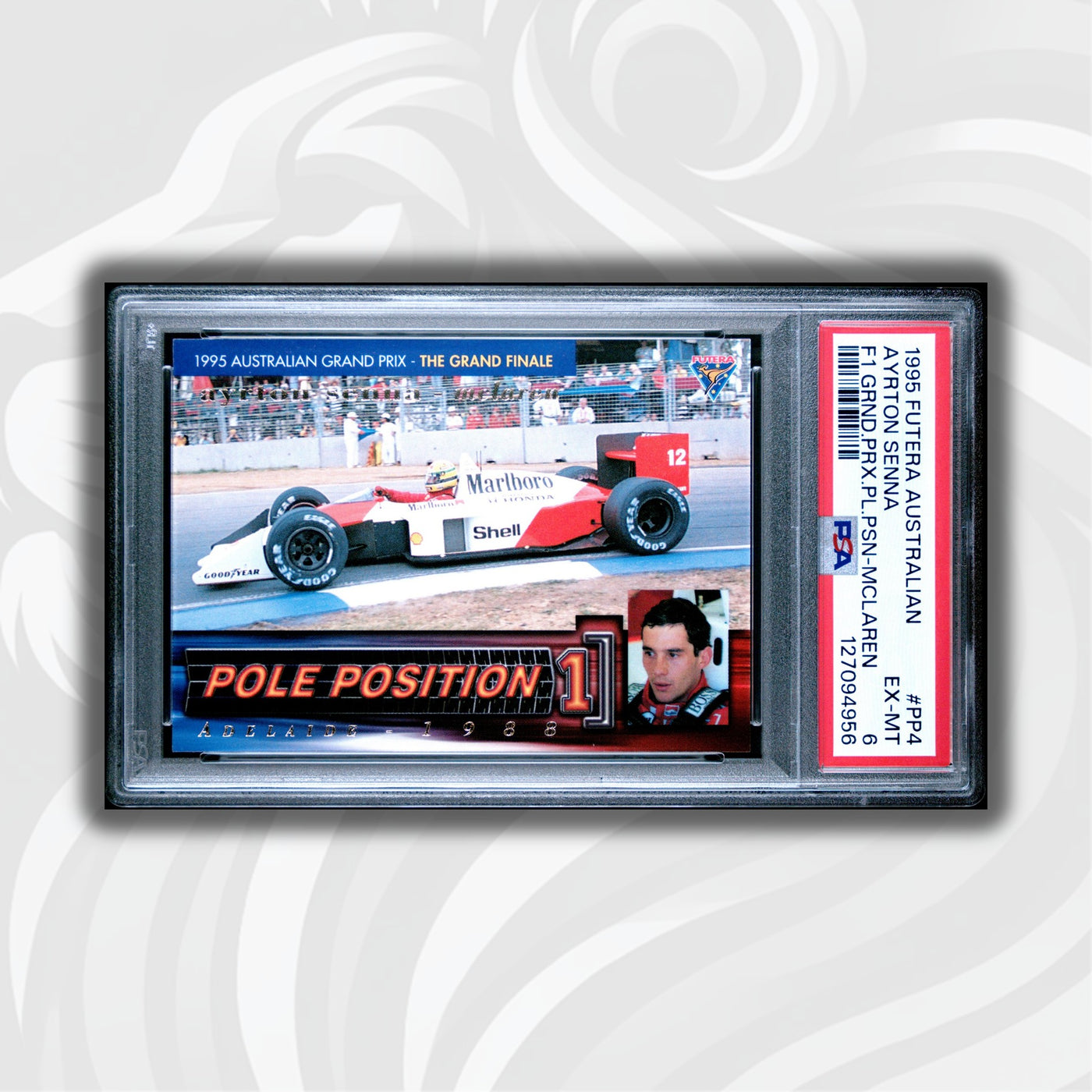 PSA 6 - 1425/3000 - Ayrton Senna #PP4 - Pole Position - 1995 Futera - MCLAREN REPRINT