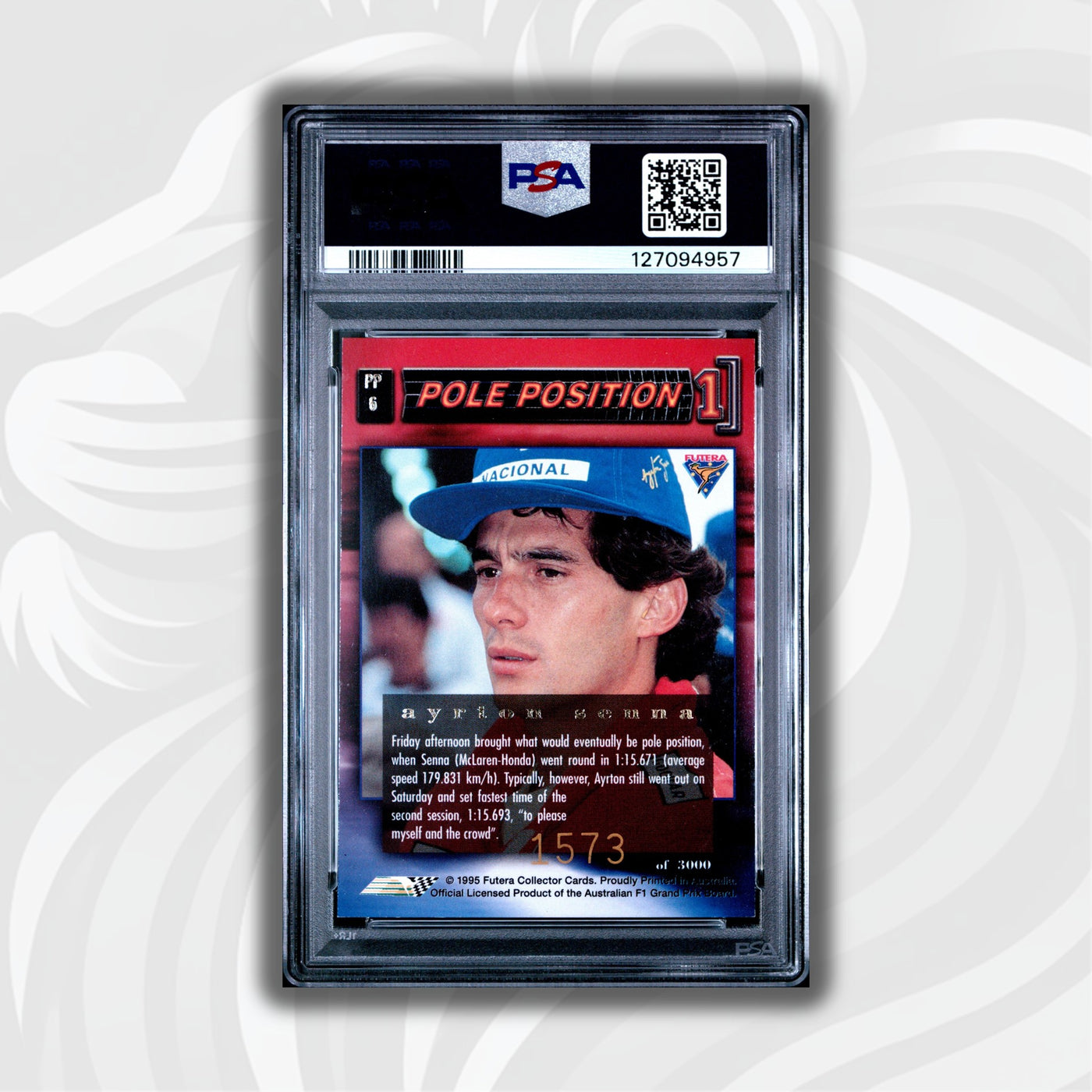 PSA 8 - 1573/3000 - Ayrton Senna #PP6 - Pole Position - 1995 Futera - MCLAREN REPRINT