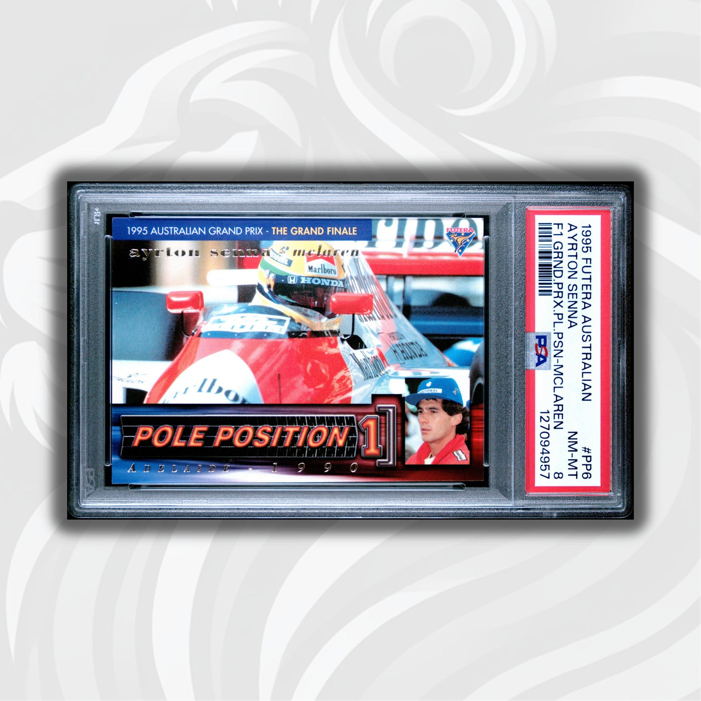 PSA 8 - 1573/3000 - Ayrton Senna #PP6 - Pole Position - 1995 Futera - MCLAREN REPRINT