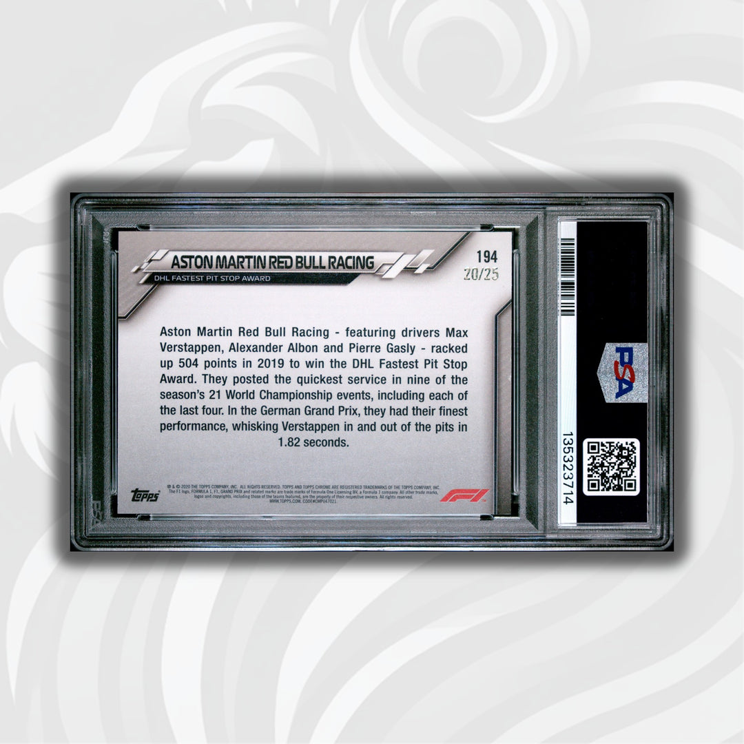 PSA 8 - 20/25 Aston Martin Red Bull Racing #194 - DHL Fastest Pit Stop Award - Orange - 2020 Topps Chrome F1
