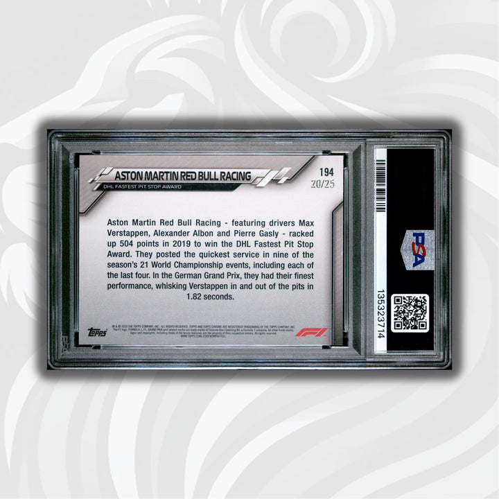 PSA 8 - 20/25 Aston Martin Red Bull Racing #194 - DHL Fastest Pit Stop Award - Orange - 2020 Topps Chrome F1