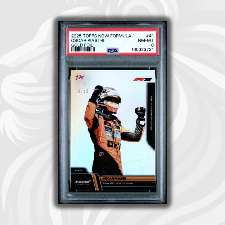 PSA 8 - 26/50 Oscar Piastri #41 - Fifth Win of Season - Gold Foil - 2025 Topps Now F1