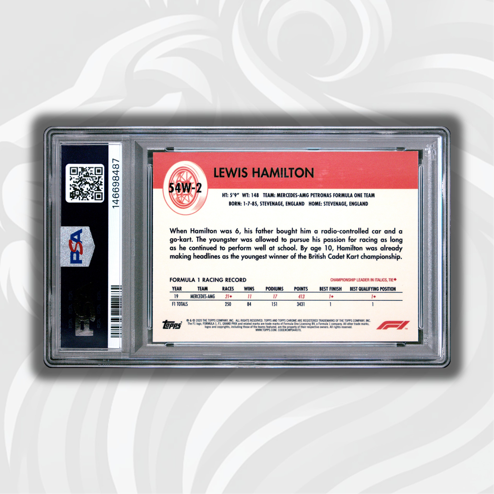 PSA 10 - Lewis Hamilton #44 - 2020 Topps Chrome F1 - 1954 World On Wheels - Back