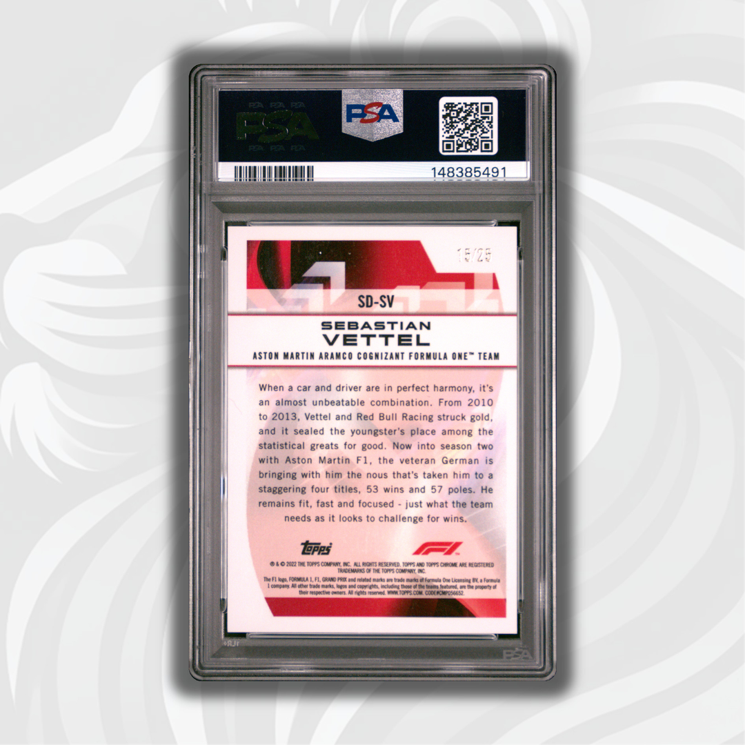 PSA 9 - 15/25 Sebastian Vettel #SDSV - 2022 Topps Chrome F1 - Speed Demons Orange Refractor - Back