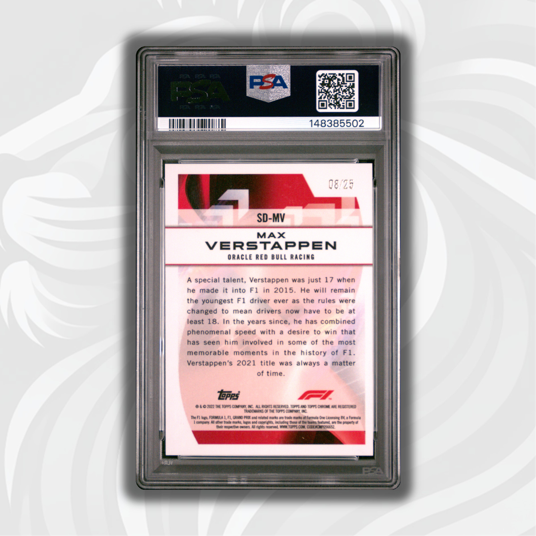 PSA 10 - 08/25 Max Verstappen #SDMV - 2022 Topps Chrome F1 - Speed Demons Orange Refractor - Back