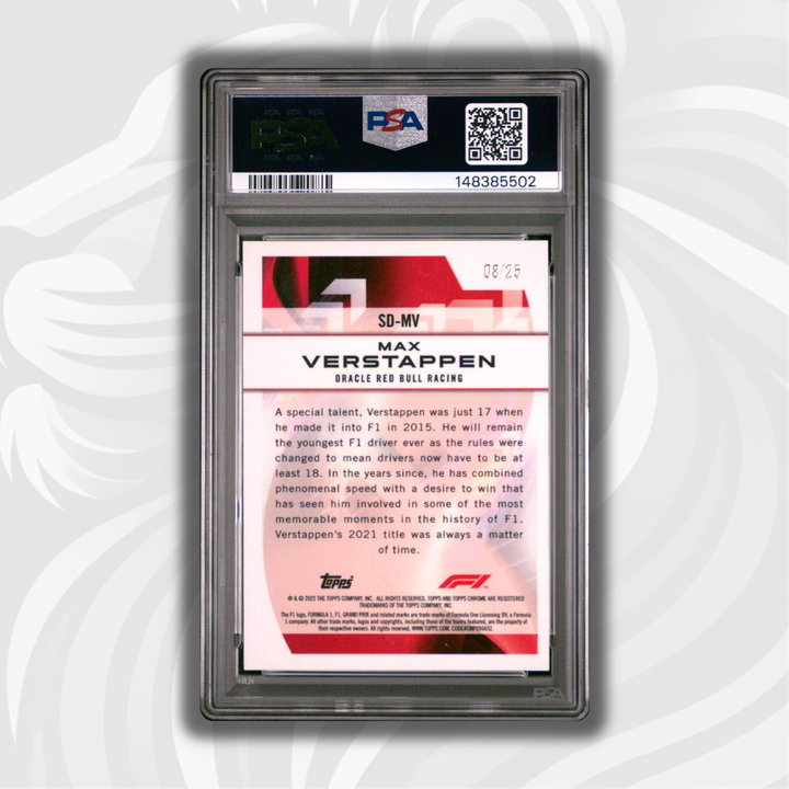 PSA 10 - 08/25 Max Verstappen #SDMV - 2022 Topps Chrome F1 - Speed Demons Orange Refractor - Back