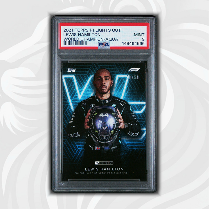 PSA 9 - 50/50 Lewis Hamilton - World Champion - 2021 Topps Lights Out F1 - Aqua