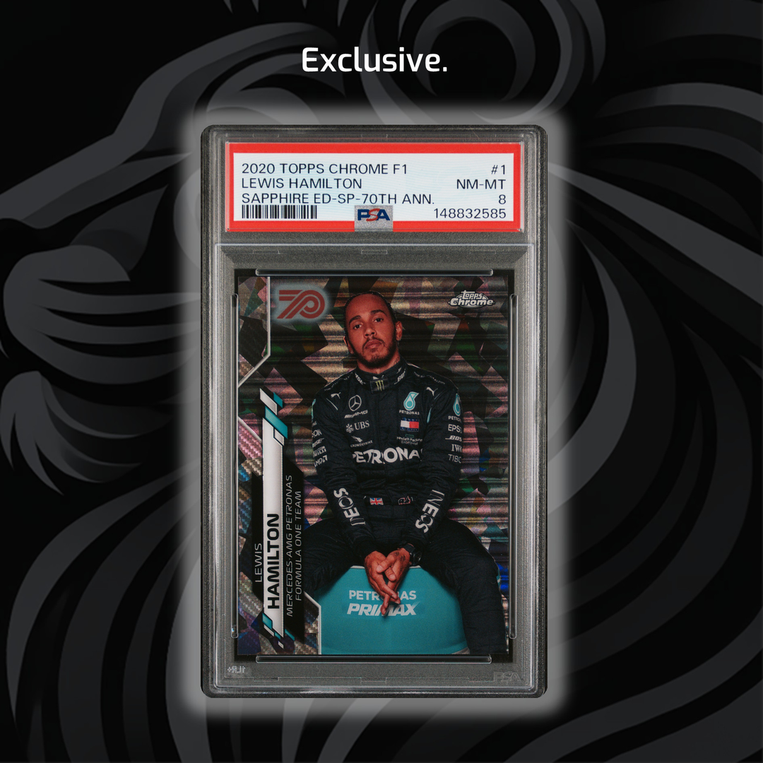 PSA 8 - 43/70 Lewis Hamilton #1 - 2020 Topps Chrome F1 - Sapphire ED-SP-70th Ann. - Front