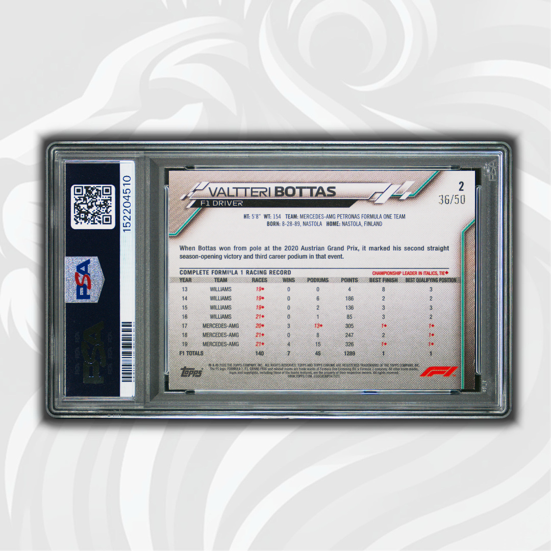 PSA 8 - 36/50 Valtteri Bottas #2 - 2020 Topps Chrome F1 - Sapphire Gold