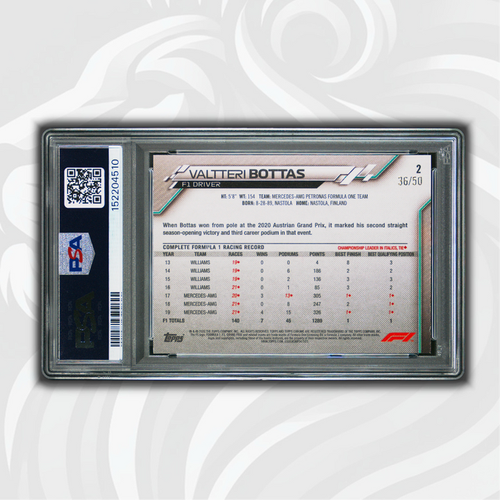 PSA 8 - 36/50 Valtteri Bottas #2 - 2020 Topps Chrome F1 - Sapphire Gold