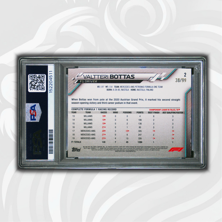 PSA 7 - 38/99 Valtteri Bottas #2 - 2020 Topps Chrome F1 - Sapphire Aqua