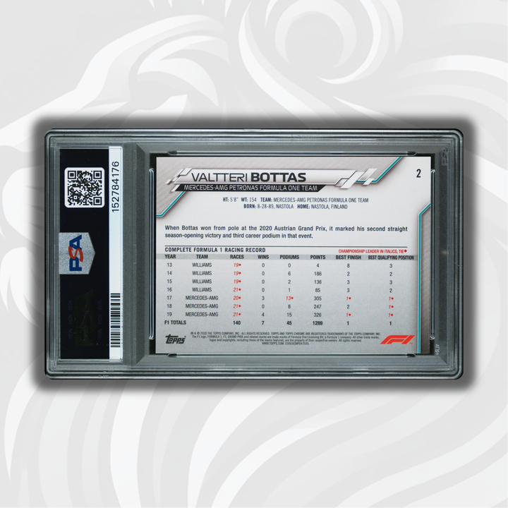 PSA 10 - Valtteri Bottas #2 - 2020 Topps Chrome F1 - Sapphire Edition SP - Back