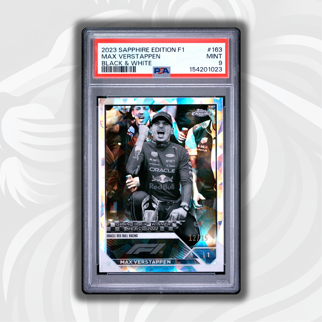 PSA 9 - 12/15 Max Verstappen #163 - 2023 Topps Chrome F1 Sapphire Edition - Black & White - Front