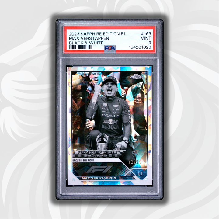 PSA 9 - 12/15 Max Verstappen #163 - 2023 Topps Chrome F1 Sapphire Edition - Black & White - Front