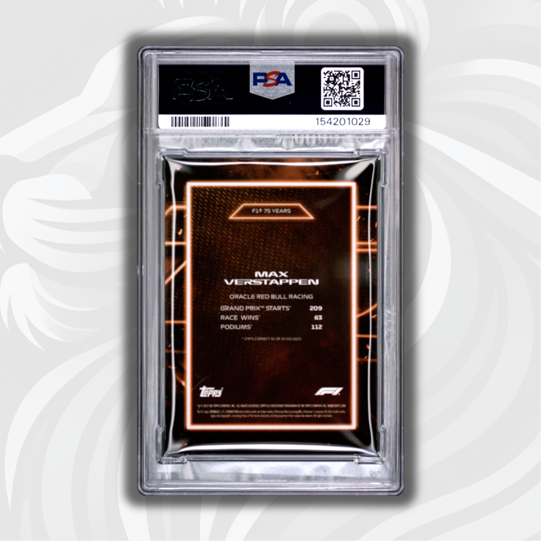 PSA 9 - 10/25 Max Verstappen - 2025 Topps Lights Out 75th - F1 75 Years Orange - Back