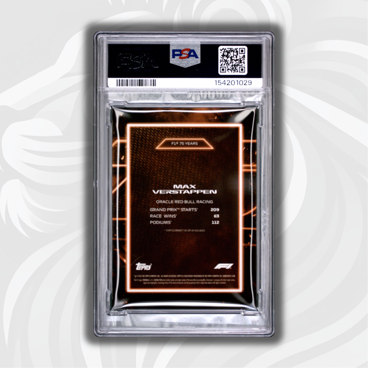 PSA 9 - 10/25 Max Verstappen - 2025 Topps Lights Out 75th - F1 75 Years Orange - Back