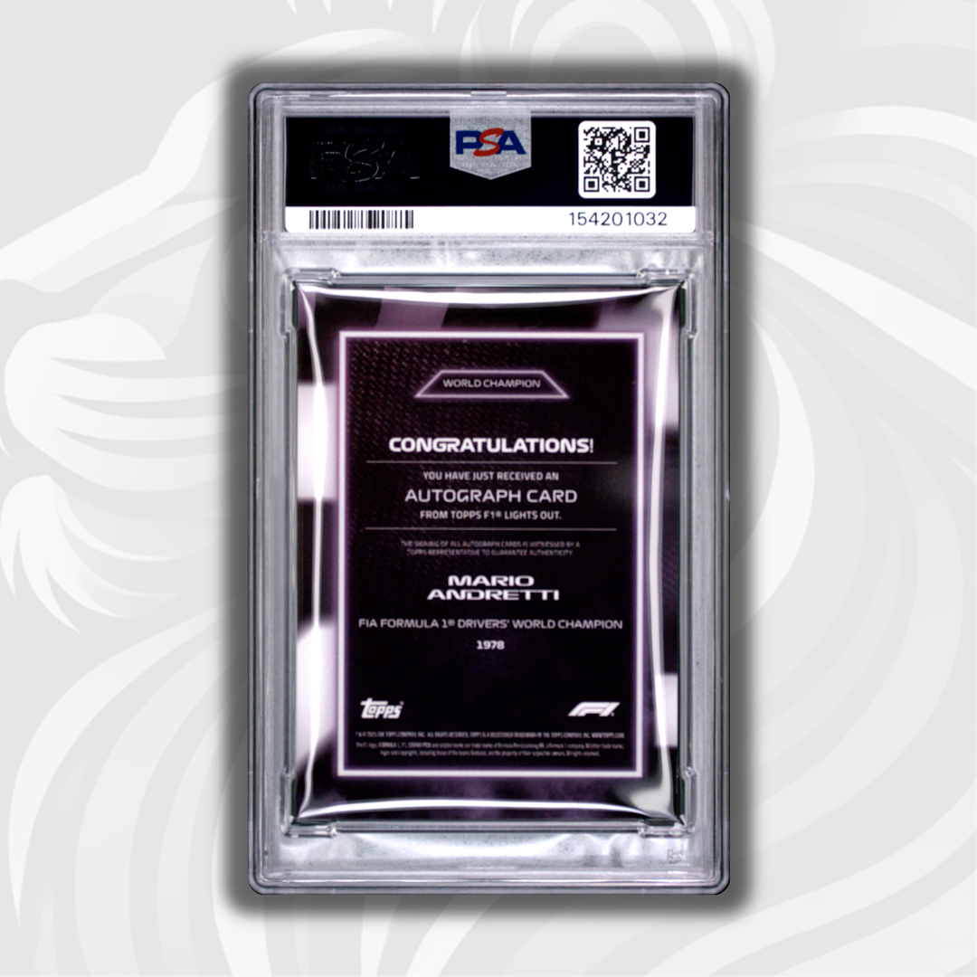 PSA 7 - 28/50 Mario Andretti - 2025 Topps Lights Out 75th - AU World Champion Purple