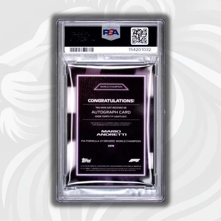 PSA 7 - 28/50 Mario Andretti - 2025 Topps Lights Out 75th - AU World Champion Purple