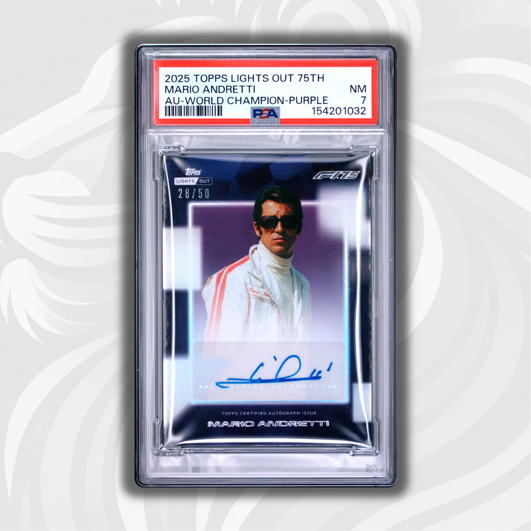 PSA 7 - 28/50 Mario Andretti - 2025 Topps Lights Out 75th - AU World Champion Purple