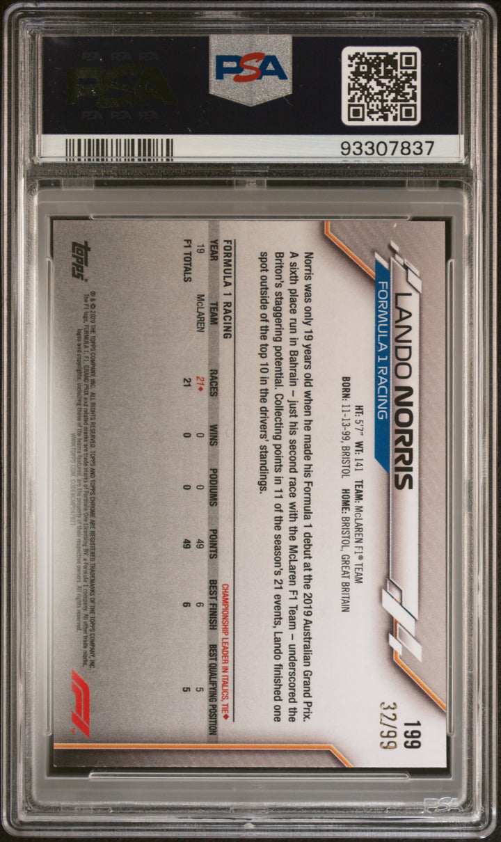 PSA 8 - 32/99 Lando Norris #199 - Sapphire Edition - Aqua - Rookie Card
