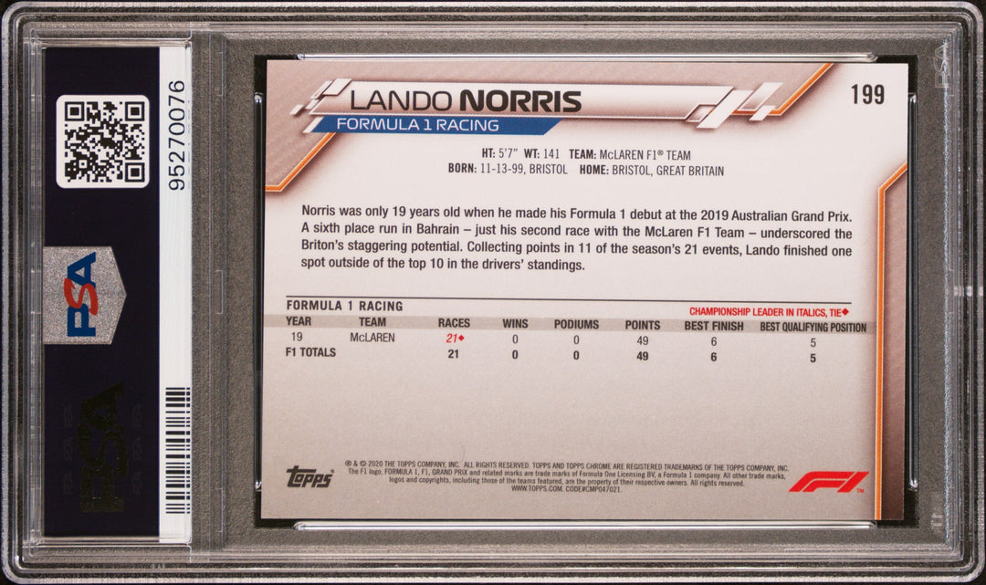 PSA 10 - Lando Norris #199 - Sapphire - 2020 Chrome - Rookie Card