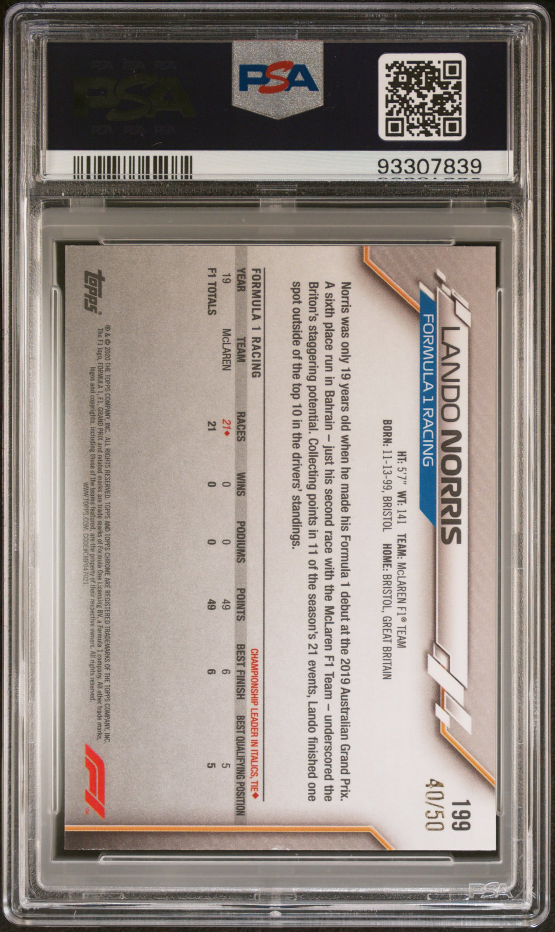 PSA 7 - 40/50 Lando Norris #199 - Sapphire Edition - Gold - Rookie Card