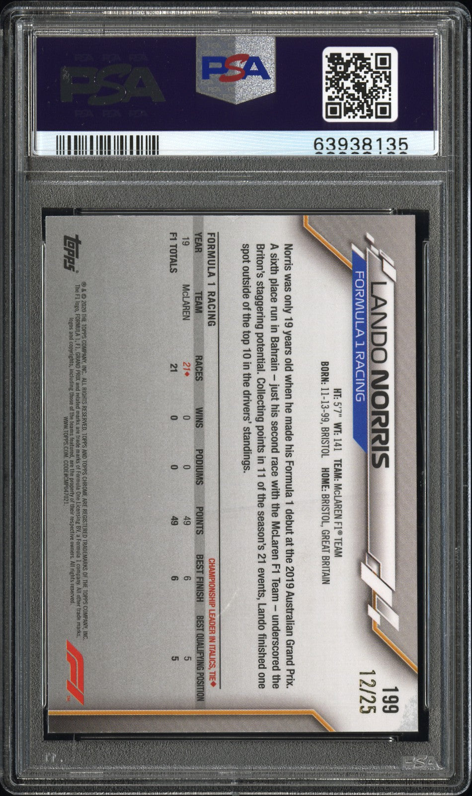 PSA 9 - 12/25 Lando Norris #199 - Sapphire - 2020 Topps Chrome F1 - Orange - Rookie Card