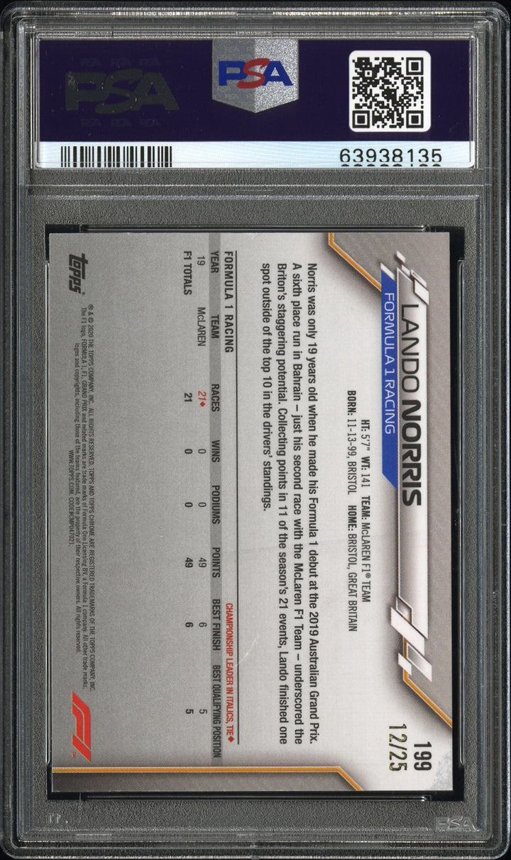PSA 9 - 12/25 Lando Norris #199 - Sapphire - 2020 Topps Chrome F1 - Orange - Rookie Card