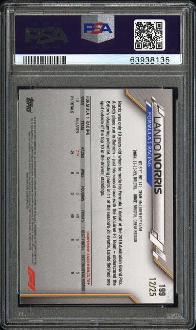 PSA 9 - 12/25 Lando Norris #199 - Sapphire - 2020 Topps Chrome F1 - Orange - Rookie Card