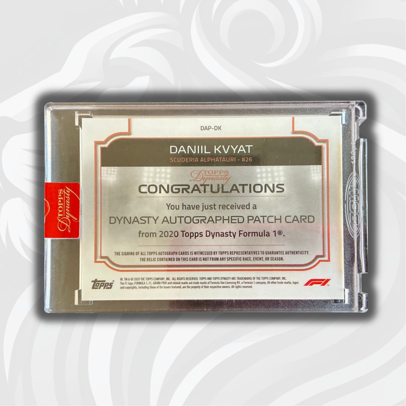 01/10 Daniil  Kvyat #DAP-DK – 2020 Topps Dynasty F1 – Autographed Single Patch
