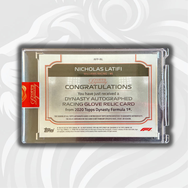07/10 Nicholas Latifi #AFP-NL – 2020 Topps Dynasty F1 – Autographed Racing Glove Relic