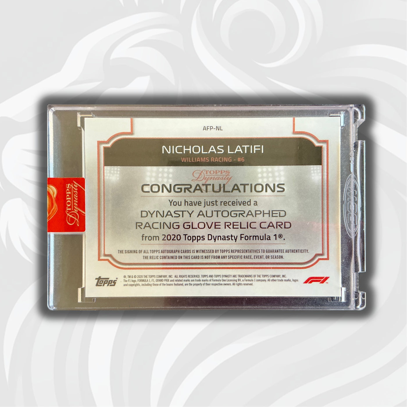 07/10 Nicholas Latifi #AFP-NL – 2020 Topps Dynasty F1 – Autographed Racing Glove Relic