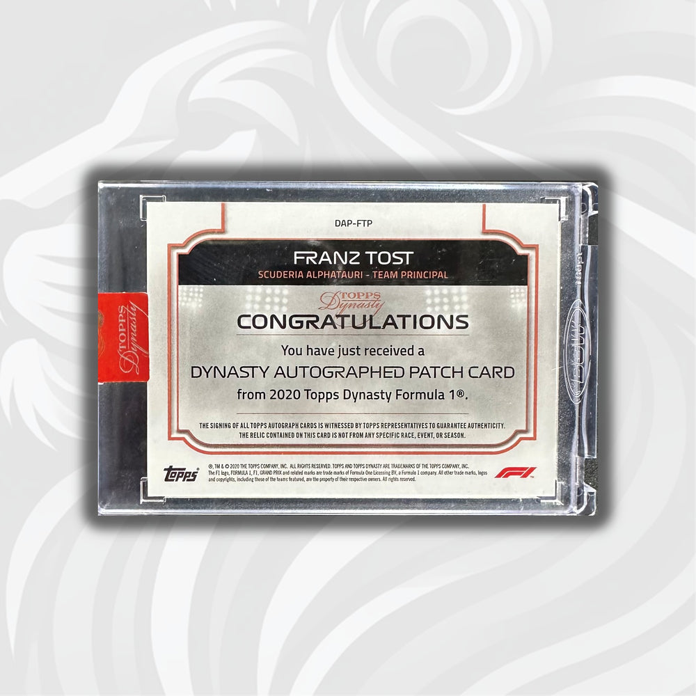 PSA - 1/5 Franz Tost - 2020 Topps Dynasty F1 - Autographed Patch Card - Back